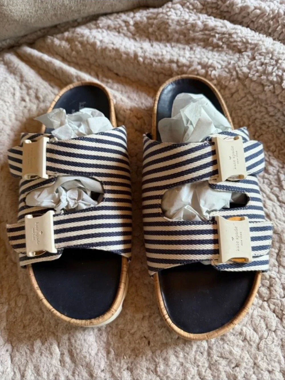 kate spade Navy and White Striped Double Buckle Sandals
